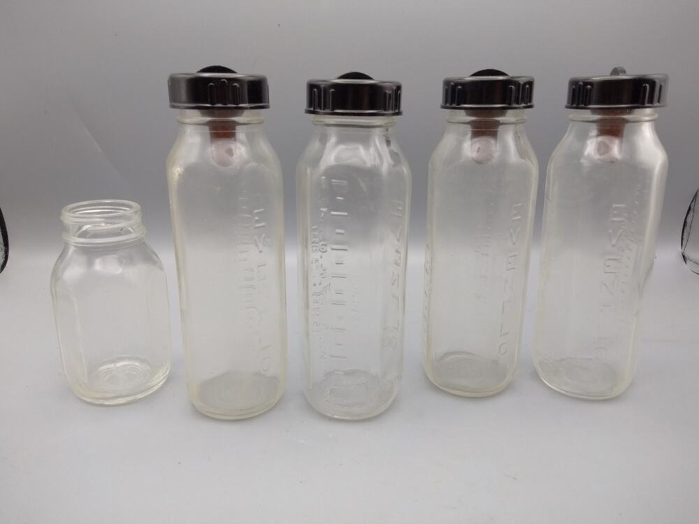 Vintage Collectors Glass Evenflo Layette Package of 4 + 1 small Bottles Nipples
